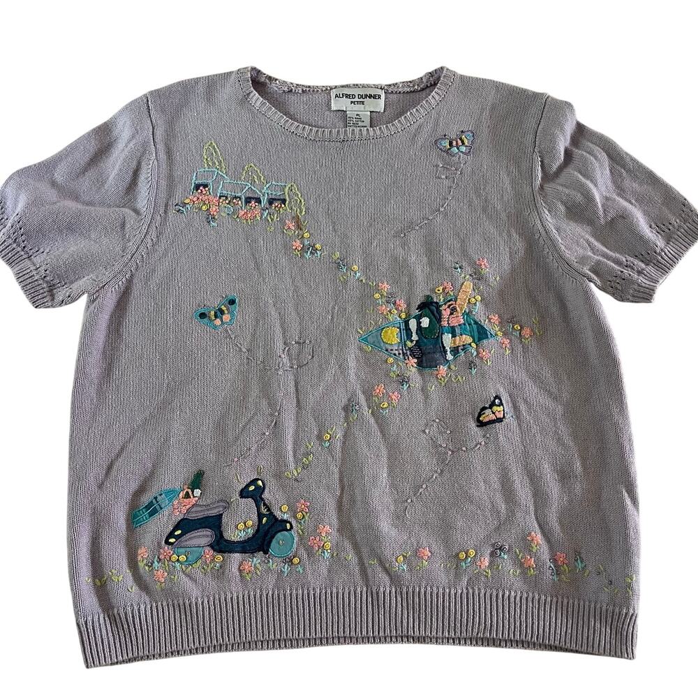 Vtg Y2K 2000s Purple Short Sleeve Embroidered Sweater Sz L Floral Cottagecore